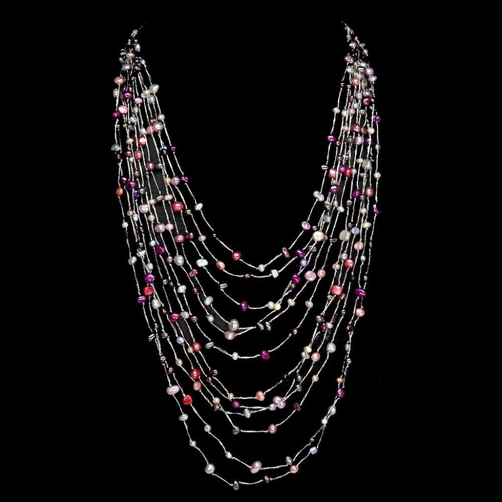 100% Natural Baroque Multi Color Pearl Beads Sterling Silver Necklace